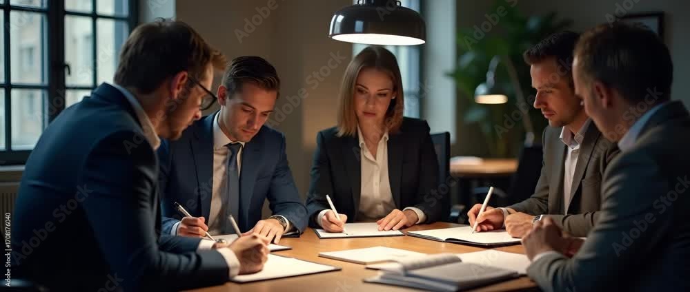 Poster legal team reviewing us trade regulation amendments in office lit by policy review lamps with open l