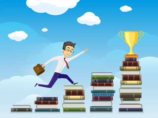 Businessman running up the stairs made of stacks of books to the goal golden cup. Vector illustration