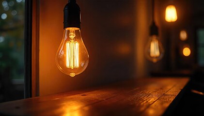 Warm, glowing light bulbs illuminate a dark room, creating a cozy and inviting atmosphere Perfect for home decor, interior design, and energy-saving concepts , LED, room, energy saving