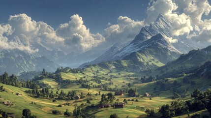 Obraz premium Scenic Mountain Landscape with Green Valleys and Small Village Homes Under Cloudy Sky