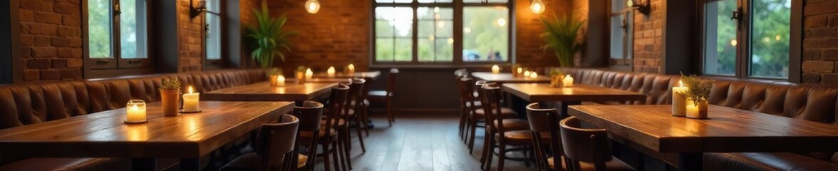 Warm, inviting restaurant interior with rustic wooden tables, soft lighting, and comfortable seating  Perfect for menus, food blogs, and hospitality marketing ,  inviting,  design,  lunch