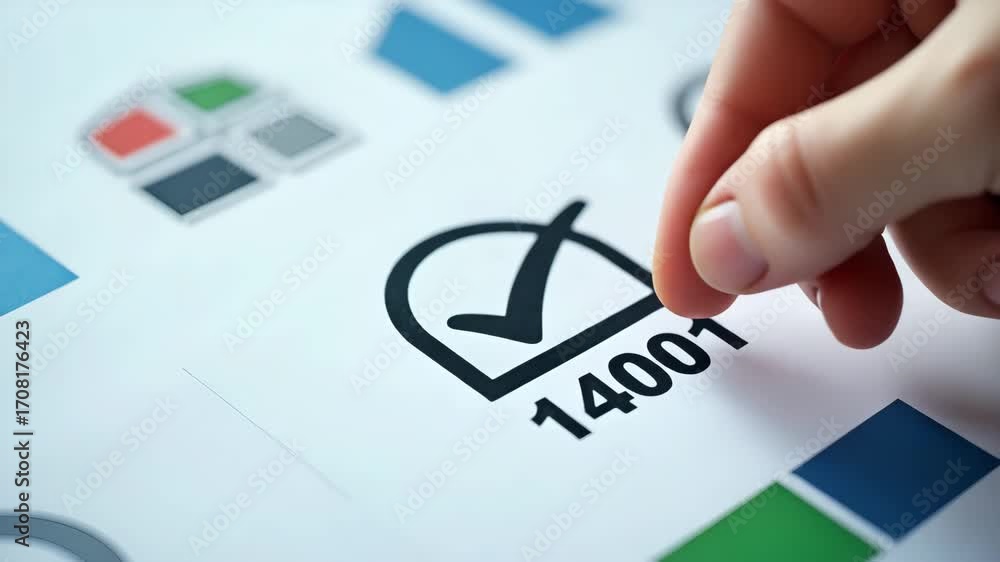 Poster flat hand places checkmark on iso 14001 label representing quality control and certification for env