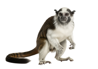 A detailed, full-body portrait of a white-faced saki monkey, showcasing its unique fur pattern and expressive features against a plain black background.