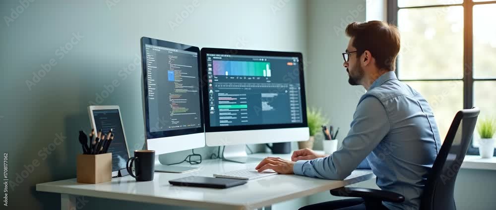 Poster employee concentrating on tasks at modern desk workstation equipped with dual monitors office suppli