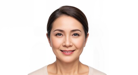 Portrait of a beautiful middle-aged Asian woman with a genuine smile, exuding confidence and happiness, isolated on a white background