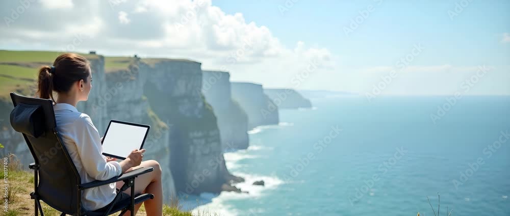 Poster photo realistic as person with a tablet coastal cliffs and foldable chair overlay symbolizing coasta