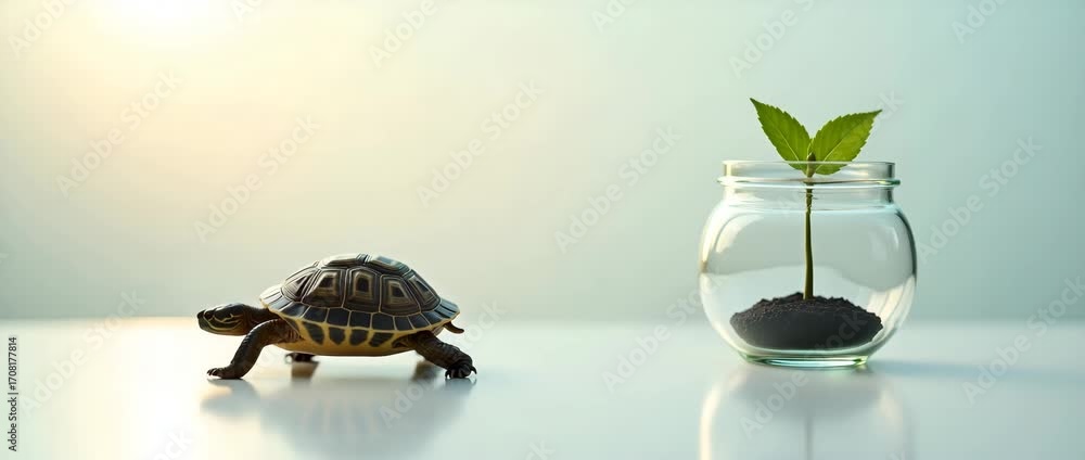 Poster photo realistic as a turtle and a coin jar symbolizing slow savings growth in double exposure with c
