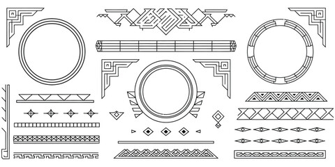 A sophisticated collection of geometric linear borders and circular frames in a classic Art Deco style. Vintage decorative elements for creative design