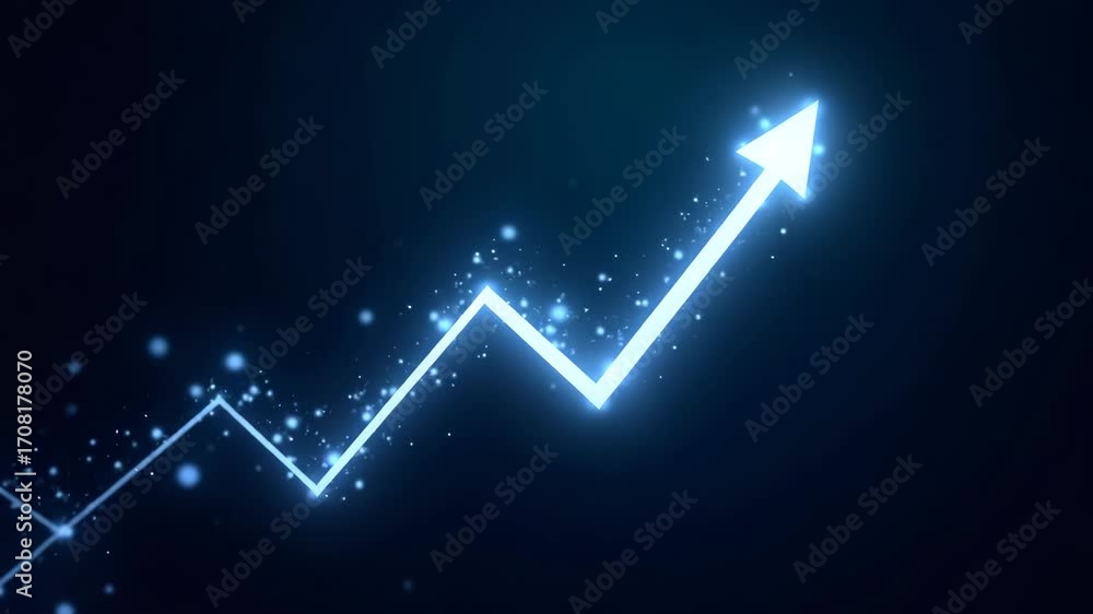 Poster business arrow pointing up showing growth line with circuit technology on dark blue background symbo