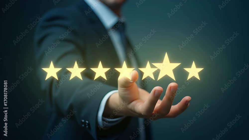 Poster flat hand giving five star holographic rating on customer satisfaction survey interface with smile f