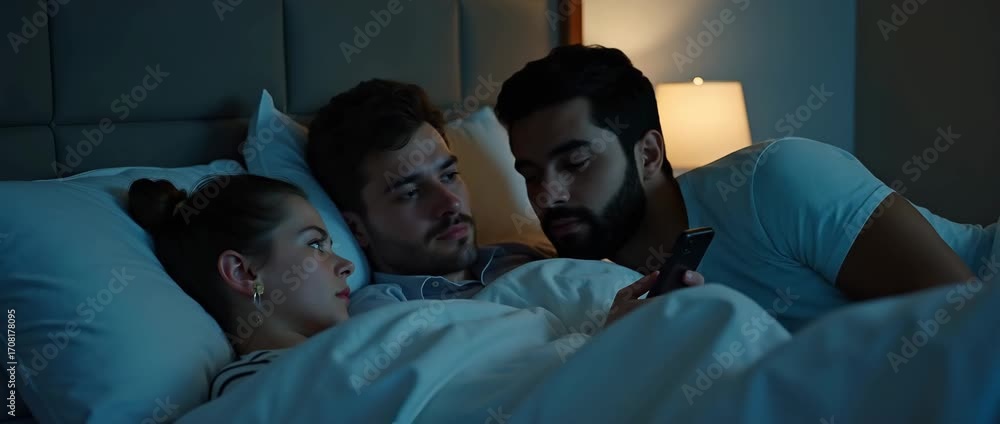 Poster individual places smartphone aside embracing no screen bedtime resting gaze on bedside clock under c