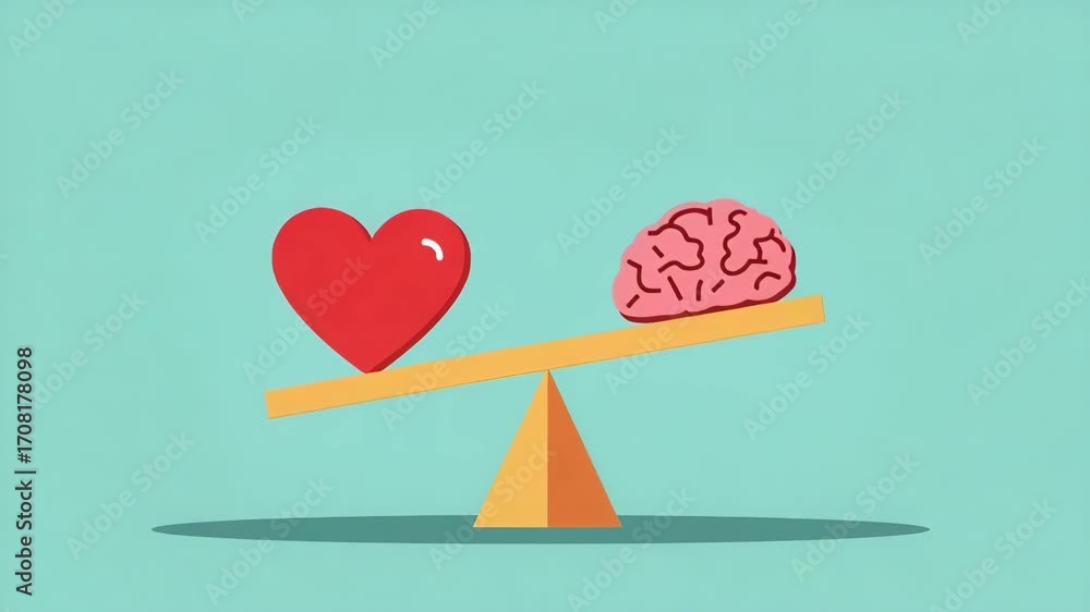 Poster flat balance scale with heart and brain representing the balance between emotional and logical decis