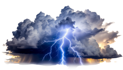 A beautiful cloudy sky with a fiery sun burning or thunderstorm with lightnings isolated on white background