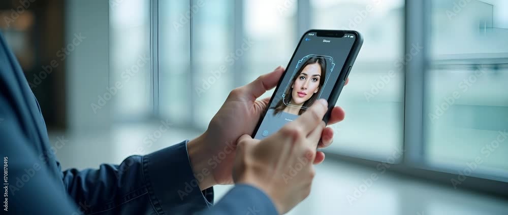 Poster photo realistic as hand scanning face on phone concept as a hand scanning a face on a smartphone wit