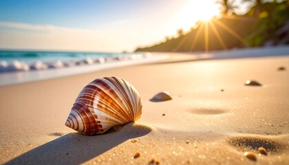 A seashell rests on a sun-drenched beach. Turquoise waves gently lap the shore as the sun shines
