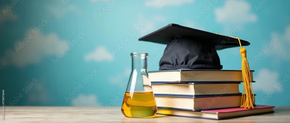 Poster photo realistic as graduation cap with books and science experiment concept as a graduation cap with