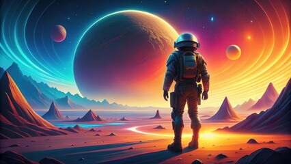 Astronaut on an alien planet with a giant planet in the sky view