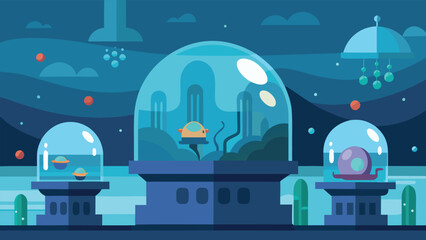 Naklejka premium Futuristic underwater research lab with scientists exploring ocean depths vector illustration