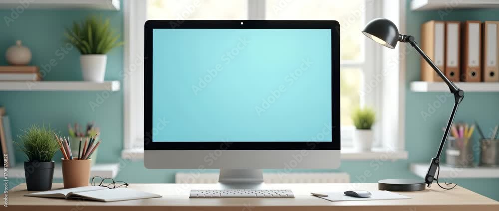 Poster photo realistic as desk setup icon with copy space for email newsletters concept as a modern desk se
