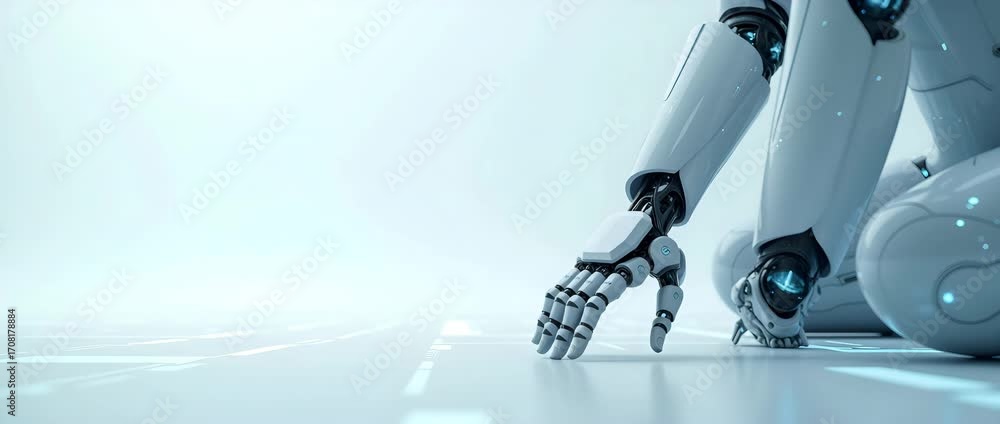 Poster wallpaper artwork illustrating ai enhanced robotic prosthetics with vast empty space and sleek digit