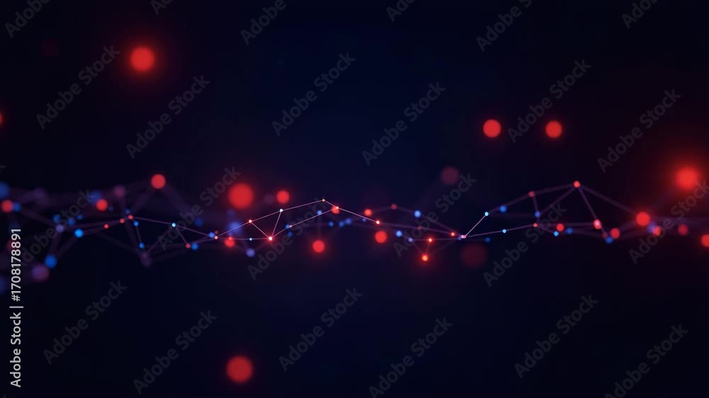 Poster flat abstract technology low poly polygonal background lines dots glowing particles red blue lights 