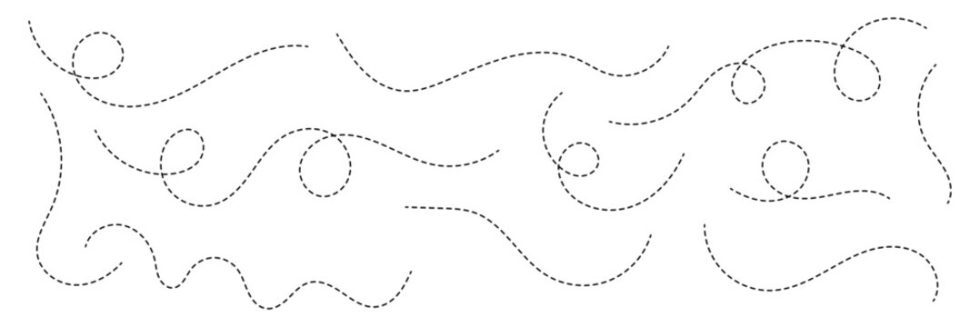 Hand drawn curve dotted line, Spiral dotted line hand drawn, Dotted lines path travel, dotted line trip dashed trace destination track plan and silhouette, travelling symbol. Vector illustration