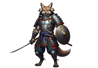 Fototapeta premium A formidable fox warrior in samurai armor stands vigilant, wielding swords and a shield against a dark backdrop.