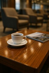 Fototapeta premium Coffee Cup on Wooden Table in Cozy Airport Lounge