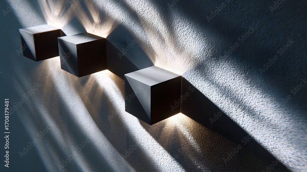 Poster three dark geometric cubes casting contrasting patterns of light and shadow on a plain surface, crea