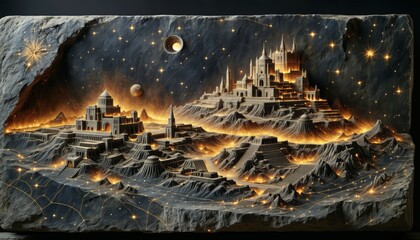 Fossilized traces of ancient mythical cities engraved into stone slabs