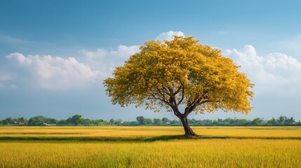 Golden Tree and Rice Field Under a Cloudy Sky Beautiful Rural Landscape