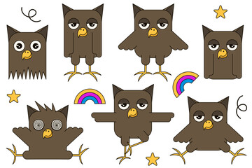 Cute Owls set. Vector illustration of fun emotion geometric Owl collection isolated white background. Perfect kids art child sticker children room interior design. EPS 10