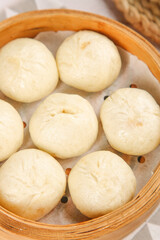 Chinese Steamed Buns Baozi in Bamboo Steamer Traditional Dim Sum Food