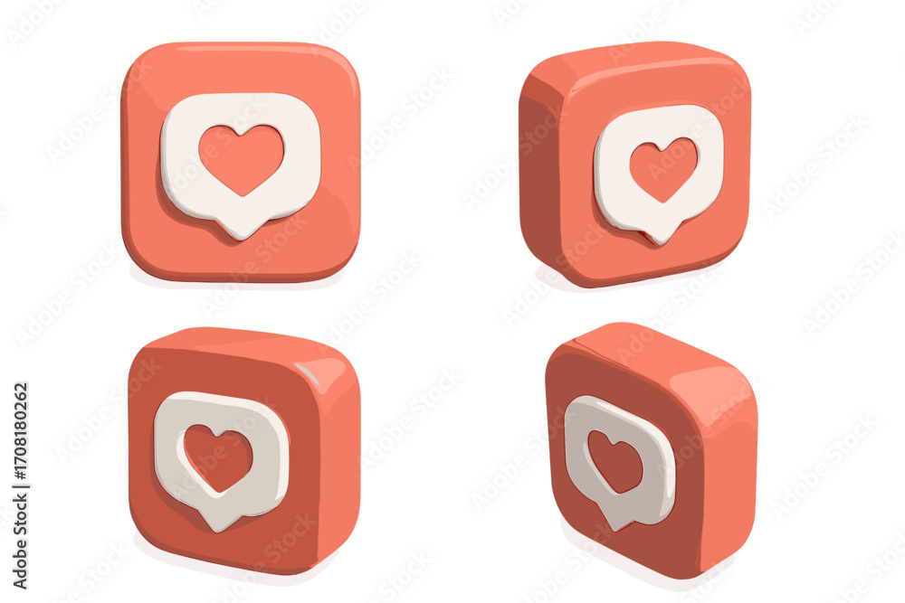 Fototapete 3d social media like icon set. heart in speech bubble notification symbol for app interface. vector 