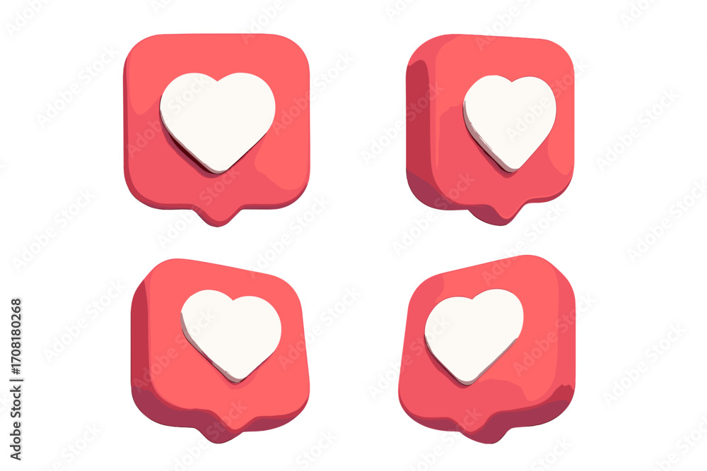 Fototapete 3d social media like heart icon set. notification symbol for app interface. rendered in different an
