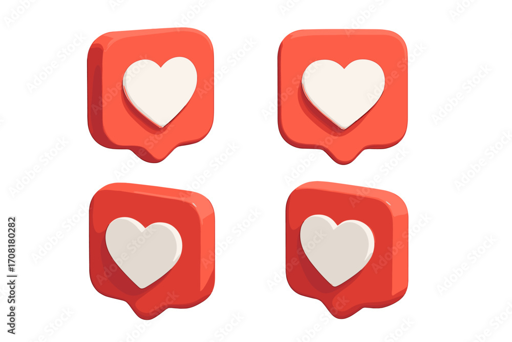Poster social media notification like icon set. 3d heart symbol in red speech bubble from different angles.