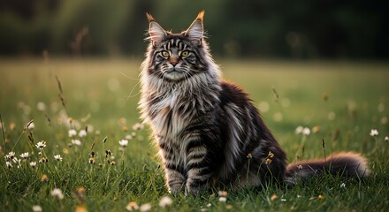 A majestic maine coon cat with striking silver tabby fur sitting in a sunlit meadow of wildflowers