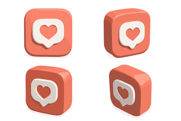 3D social media like icon set. Heart in speech bubble notification symbol for app interface. Vector rendering from different angles. Follow, favorite, and feedback concept.