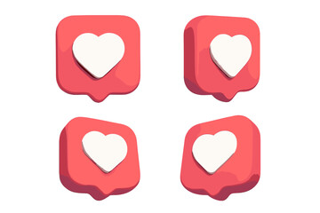 3D social media like heart icon set. Notification symbol for app interface. Rendered in different angles. Vector cartoon illustration of a love button collection for UI/UX design.