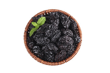 Air-dried Xinjiang Prunes in Wicker Basket with Fresh Mint Garnish - Premium Dried Plums Healthy Snack Food Ingredient