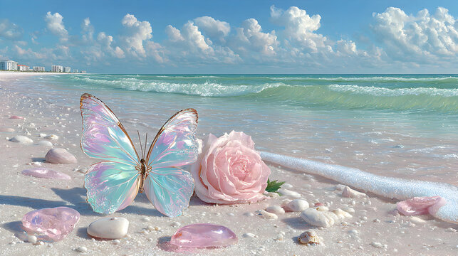 Two iridescent butterfly wings and a pink rose on a sandy beach near the ocean. - Powered by Adobe