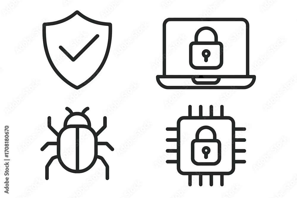 Poster cyber security line icon set. data protection, internet safety, and privacy concepts. vector illustr