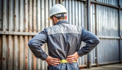 A construction worker in a hard hat holds his lower back, possibly indicating pain or injury at a worksite.