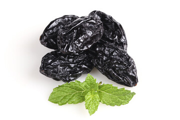 Xinjiang Dried Prunes with Fresh Mint Leaves on White Background - Traditional Air-Dried Fruit