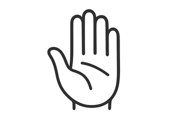 Obraz premium Linear style vector illustration of raised human hand outline, cartoon palm icon for stop, warning, attention, caution, gesture, open hand symbol, isolated sign, black contour, transparent background