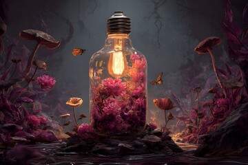 Surreal glowing light bulb terrarium with pink flowers and butterflies in a mystical forest, fantasy nature concept