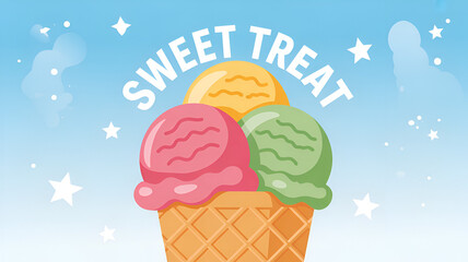 Ice cream cone with three scoops and a sweet treat text on blue background