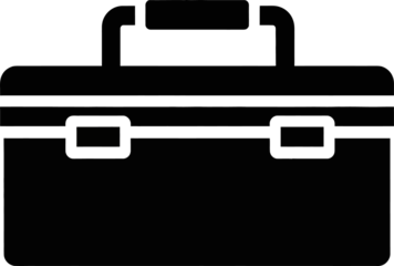 Black toolbox sitting on workbench in workshop, ready for use with tools and equipment for repair and construction projects, conveying readiness and utility.