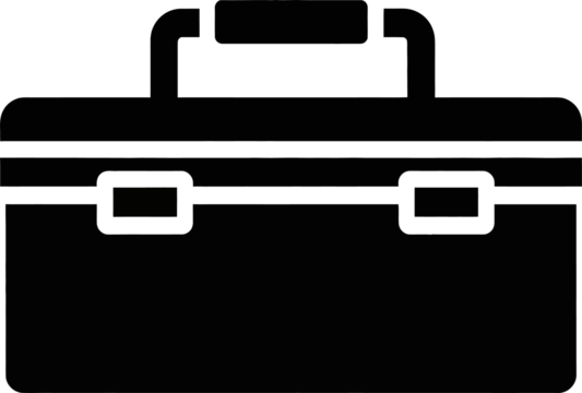 Black toolbox sitting on workbench in workshop, ready for use with tools and equipment for repair and construction projects, conveying readiness and utility.