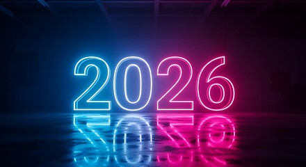 The year 2026 illuminated in vibrant neon lights against a dark, reflective surface